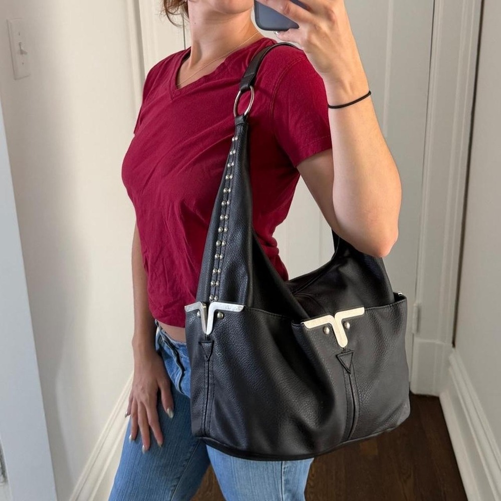 Y2K Cato black studded slouchy faux leather shoulder bag